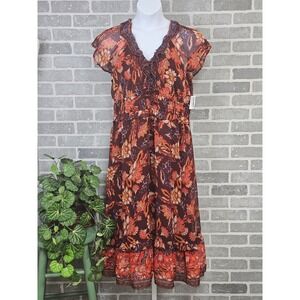 Old Navy Women's XL Floral Print Dress Brown Orange Ruffle‎ Fall Autumn NWT